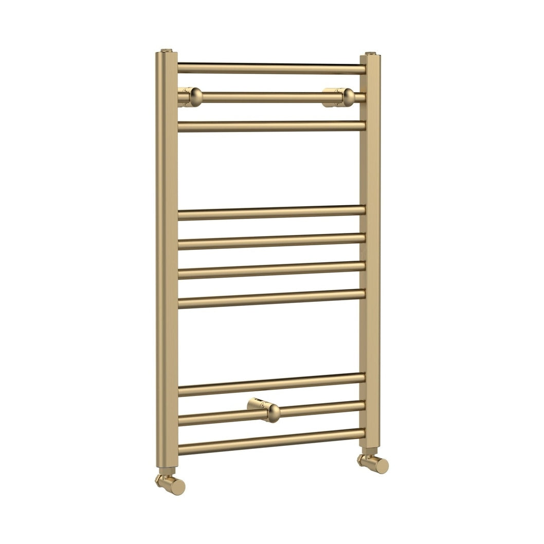Nuie Lorica Round Straight Towel Radiator 800x500 Contemporary Brushed Brass Steel 800x500x30mm - JJ Building Materials