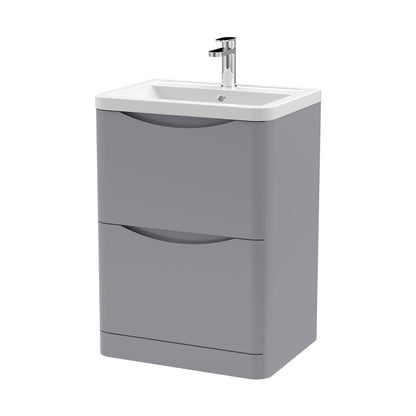 Nuie Lunar 600mm Floor Standing 2 Drawer Vanity & Ceramic Basin Contemporary Satin Grey Ceramic,MFC Painted Matt 840x600x445mm - JJ Building Materials
