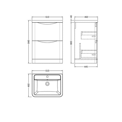 Nuie Lunar 600mm Floor Standing 2 Drawer Vanity & Ceramic Basin Contemporary Satin Grey Ceramic,MFC Painted Matt 840x600x445mm - JJ Building Materials