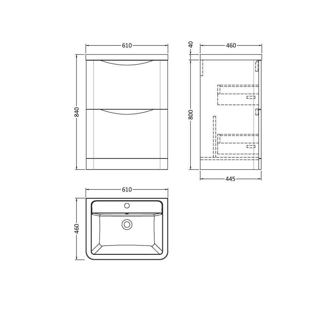 Nuie Lunar 600mm Floor Standing 2 Drawer Vanity & Ceramic Basin Contemporary Satin White Ceramic,MFC Painted Matt 840x600x445mm - JJ Building Materials