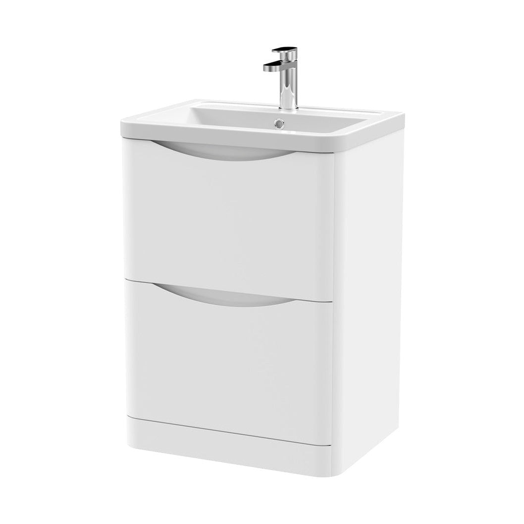 Nuie Lunar 600mm Floor Standing 2 Drawer Vanity & Ceramic Basin Contemporary Satin White Ceramic,MFC Painted Matt 840x600x445mm - JJ Building Materials