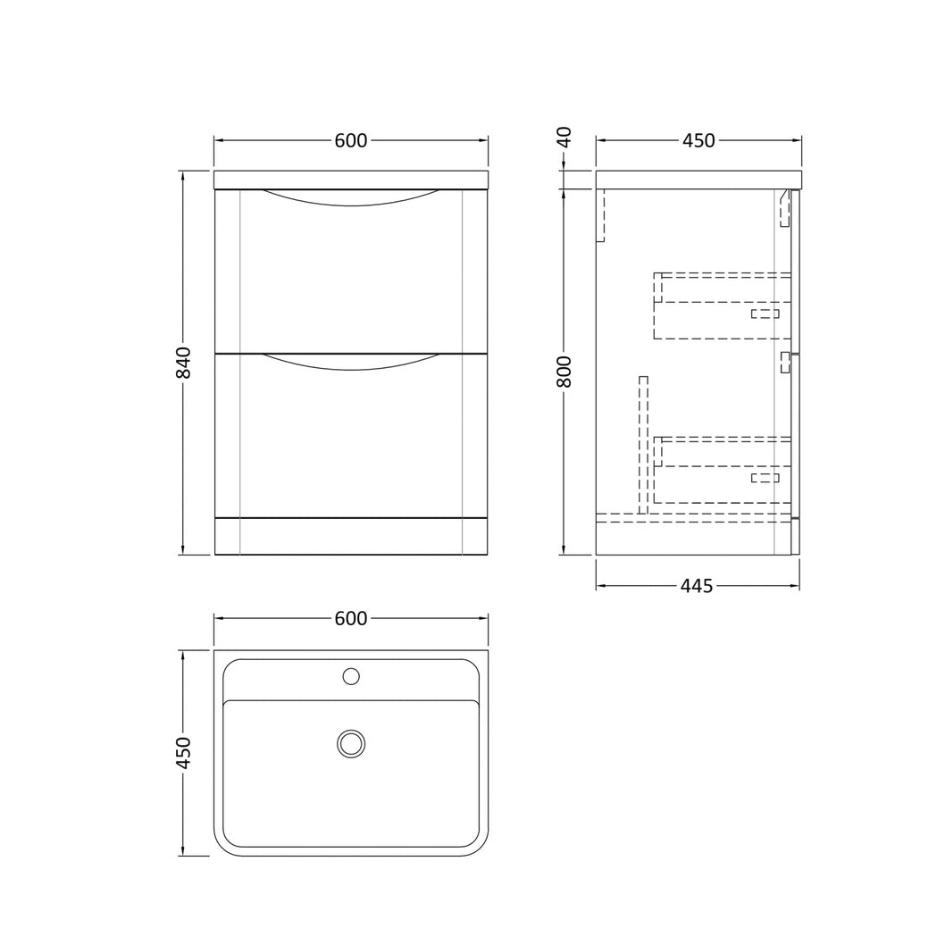 Nuie Lunar 600mm Floor Standing 2 Drawer Vanity & Polymarble Basin Contemporary Soft Black MFC Painted Matt,polymarble 840x600x445mm - JJ Building Materials