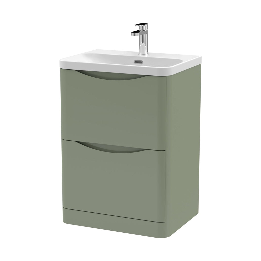 Nuie Lunar 600mm Floor Standing 2 Drawer Vanity & Thin Edge Ceramic Basin Contemporary Satin Green Ceramic,MFC Painted Matt - JJ Building Materials
