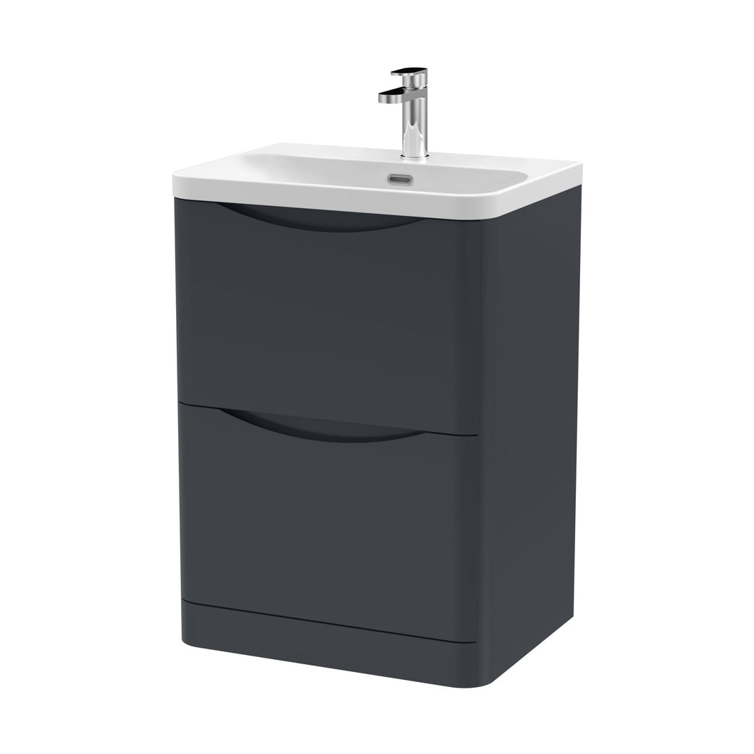 Nuie Lunar 600mm Floor Standing 2 Drawer Vanity & Thin Edge Ceramic Basin Contemporary Soft Black Ceramic,MFC Painted Matt - JJ Building Materials