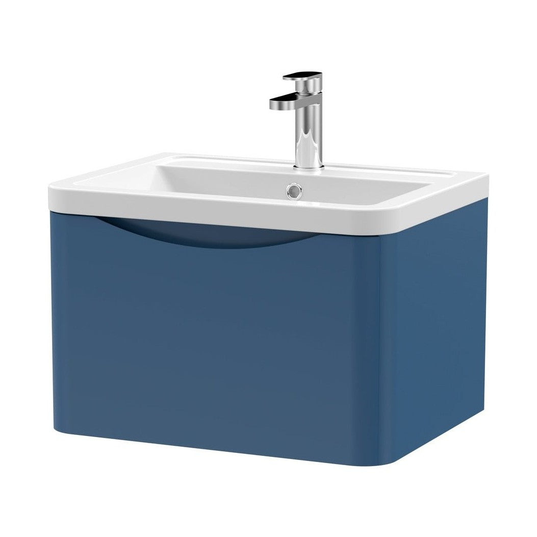 Nuie Lunar 600mm Wall Hung 1 Drawer Vanity & Ceramic Basin Contemporary Satin Blue Ceramic,MFC Painted Matt 399x600x445mm - JJ Building Materials