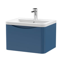 Nuie Lunar 600mm Wall Hung 1 Drawer Vanity & Ceramic Basin Contemporary Satin Blue Ceramic,MFC Painted Matt 399x600x445mm - JJ Building Materials