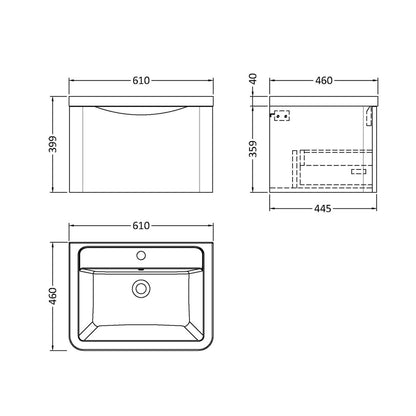 Nuie Lunar 600mm Wall Hung 1 Drawer Vanity & Ceramic Basin Contemporary Satin Green Ceramic,MFC Painted Matt 399x600x445mm - JJ Building Materials