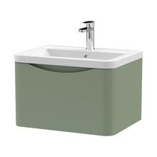 Nuie Lunar 600mm Wall Hung 1 Drawer Vanity & Ceramic Basin Contemporary Satin Green Ceramic,MFC Painted Matt 399x600x445mm - JJ Building Materials