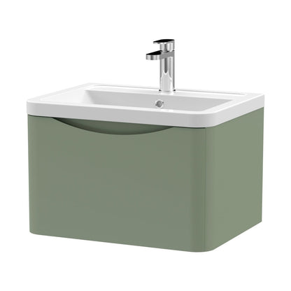 Nuie Lunar 600mm Wall Hung 1 Drawer Vanity & Ceramic Basin Contemporary Satin Green Ceramic,MFC Painted Matt 399x600x445mm - JJ Building Materials