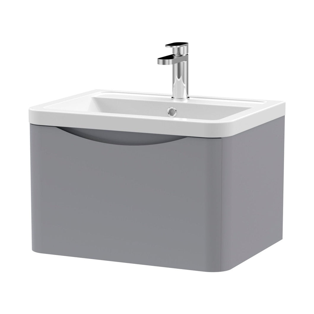 Nuie Lunar 600mm Wall Hung 1 Drawer Vanity & Ceramic Basin Contemporary Satin Grey Ceramic,MFC Painted Matt 399x600x445mm - JJ Building Materials