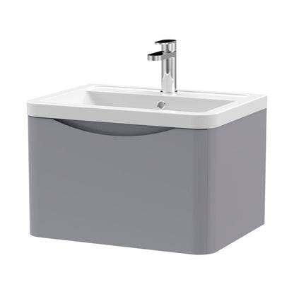Nuie Lunar 600mm Wall Hung 1 Drawer Vanity & Ceramic Basin Contemporary Satin Grey Ceramic,MFC Painted Matt 399x600x445mm - JJ Building Materials