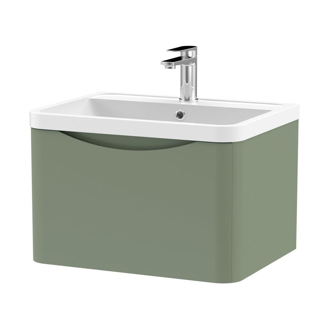 Nuie Lunar 600mm Wall Hung 1 Drawer Vanity & Polymarble Basin Contemporary Satin Green MFC Painted Matt,polymarble 399x600x445mm - JJ Building Materials