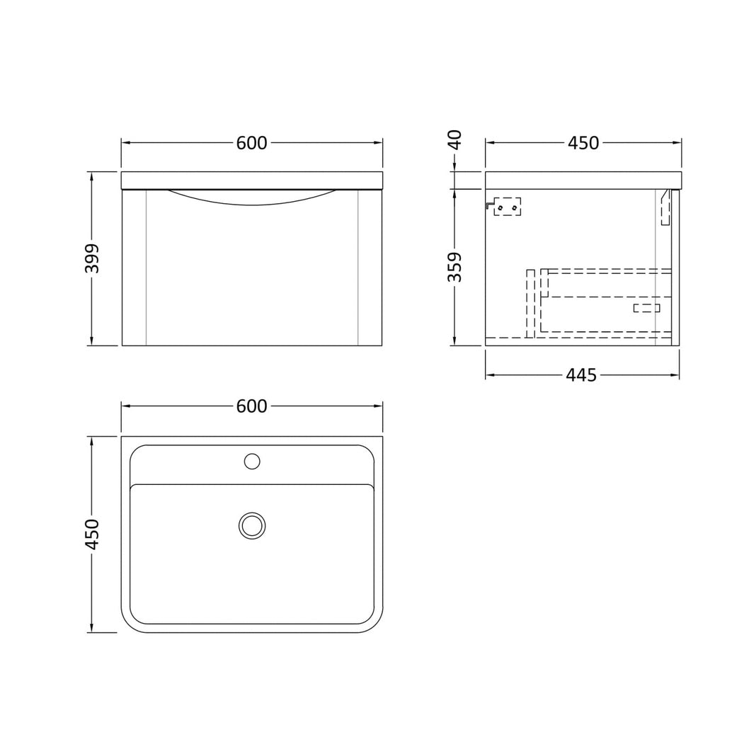 Nuie Lunar 600mm Wall Hung 1 Drawer Vanity & Polymarble Basin Contemporary Satin Green MFC Painted Matt,polymarble 399x600x445mm - JJ Building Materials