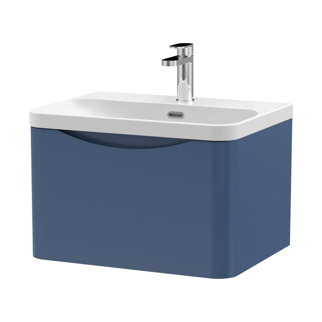 Nuie Lunar 600mm Wall Hung 1 Drawer Vanity & Thin Edge Ceramic Basin Contemporary Satin Blue Ceramic,MFC Painted Matt - JJ Building Materials