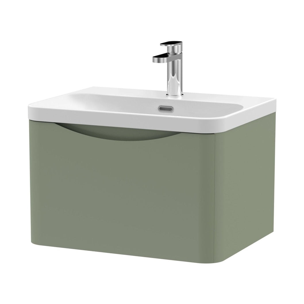 Nuie Lunar 600mm Wall Hung 1 Drawer Vanity & Thin Edge Ceramic Basin Contemporary Satin Green Ceramic,MFC Painted Matt - JJ Building Materials