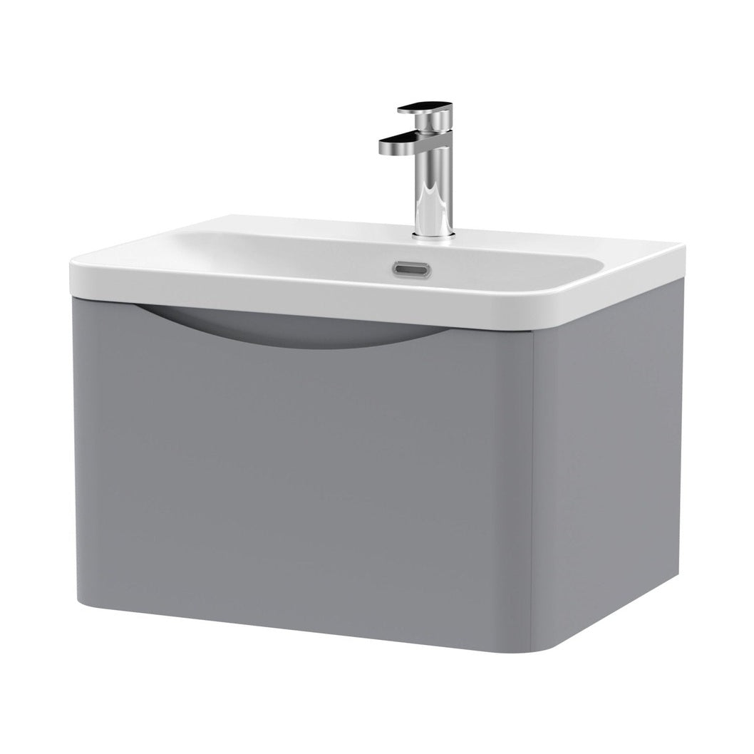 Nuie Lunar 600mm Wall Hung 1 Drawer Vanity & Thin Edge Ceramic Basin Contemporary Satin Grey Ceramic,MFC Painted Matt - JJ Building Materials