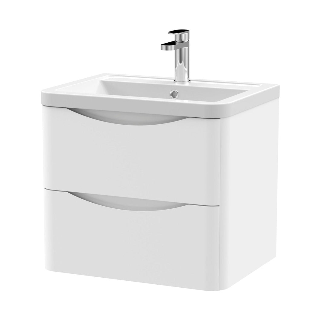 Nuie Lunar 600mm Wall Hung 2 Drawer Vanity & Ceramic Basin Contemporary Satin White Ceramic,MFC Painted Matt 540x600x445mm - JJ Building Materials