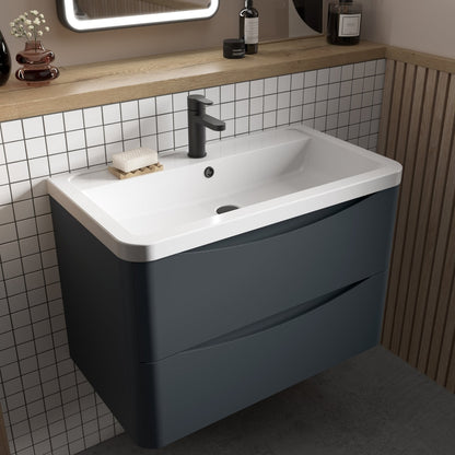 Nuie Lunar 600mm Wall Hung 2 Drawer Vanity & Ceramic Basin Contemporary Soft Black Ceramic,MFC Painted Matt 540x600x445mm - JJ Building Materials