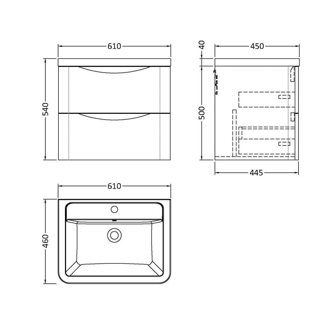 Nuie Lunar 600mm Wall Hung 2 Drawer Vanity & Ceramic Basin Contemporary Soft Black Ceramic,MFC Painted Matt 540x600x445mm - JJ Building Materials