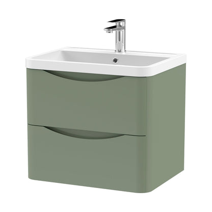 Nuie Lunar 600mm Wall Hung 2 Drawer Vanity & Polymarble Basin Contemporary Satin Green MFC Painted Matt,polymarble 540x600x445mm - JJ Building Materials