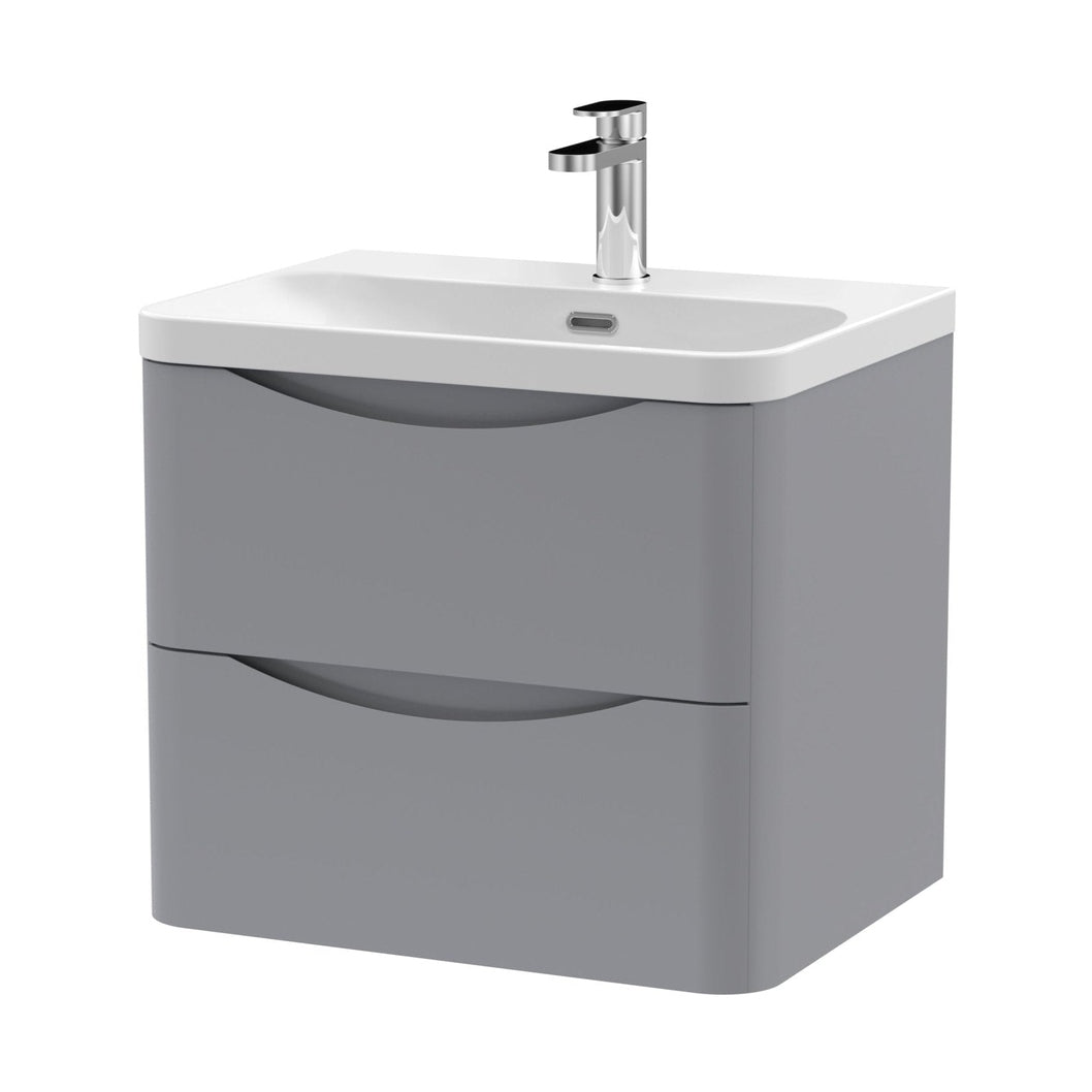Nuie Lunar 600mm Wall Hung 2 Drawer Vanity & Thin Edge Ceramic Basin Contemporary Satin Grey Ceramic,MFC Painted Matt - JJ Building Materials