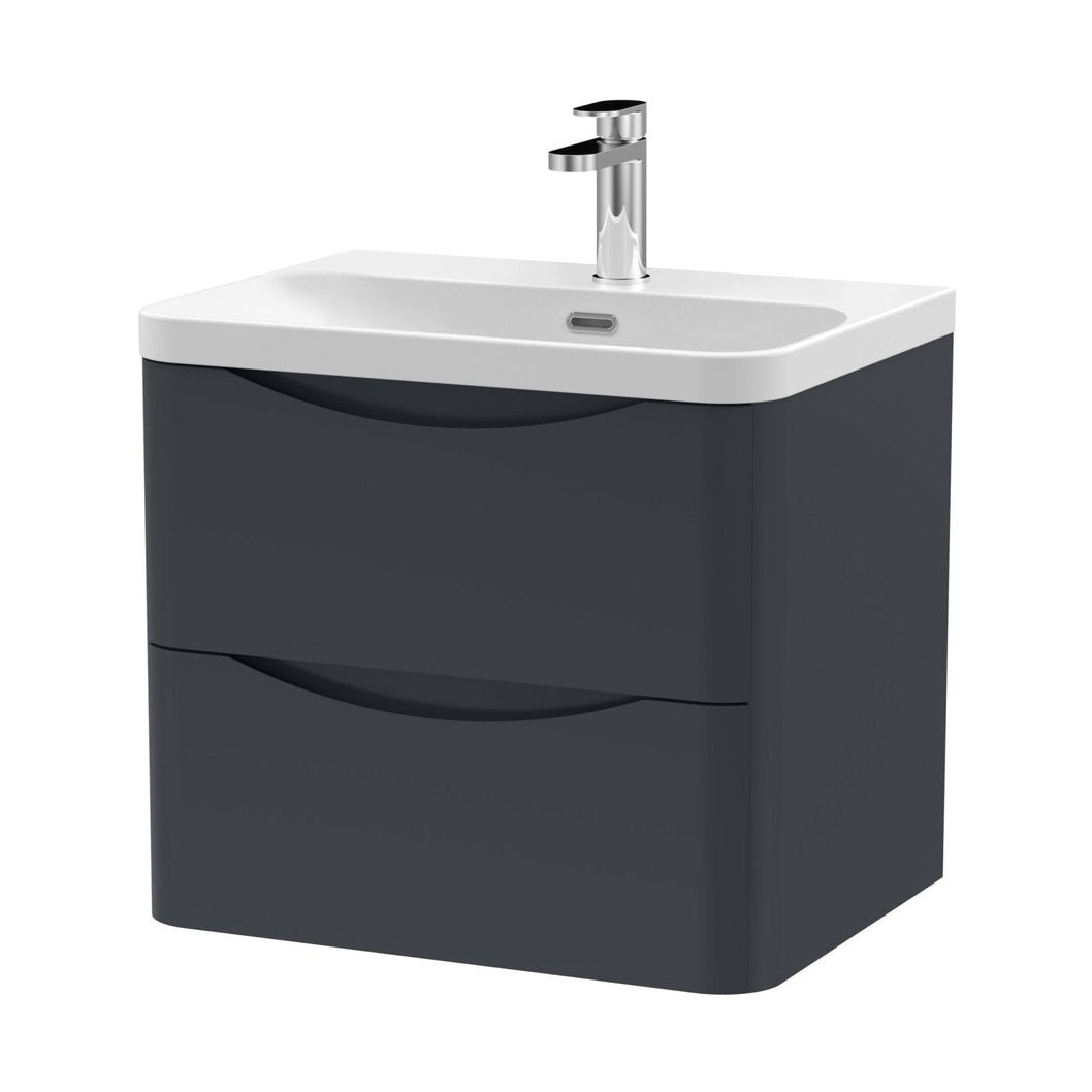 Nuie Lunar 600mm Wall Hung 2 Drawer Vanity & Thin Edge Ceramic Basin Contemporary Soft Black Ceramic,MFC Painted Matt - JJ Building Materials