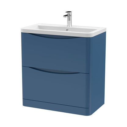Nuie Lunar 800mm Floor Standing 2 Drawer Vanity & Ceramic Basin Contemporary Satin Blue Ceramic,MFC Painted Matt 840x800x445mm - JJ Building Materials