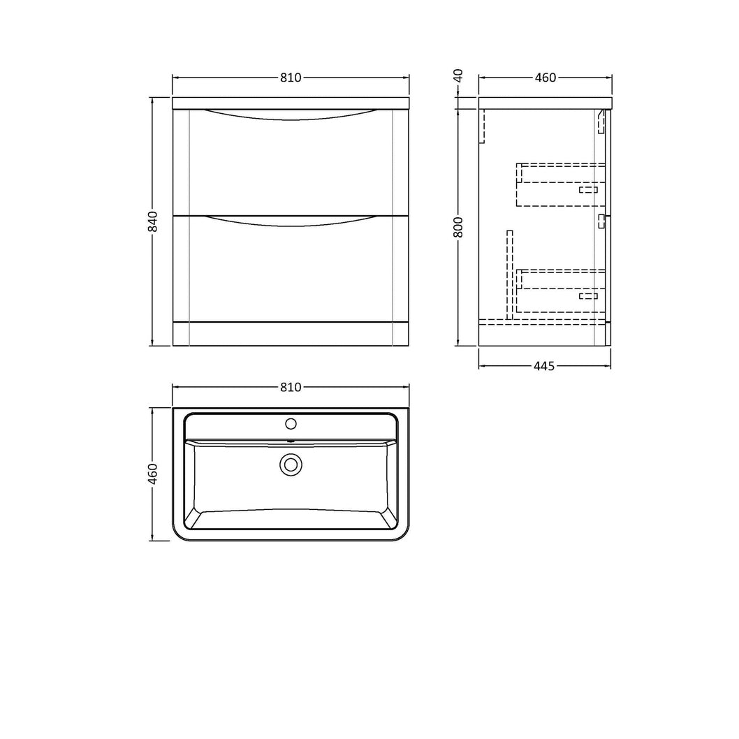 Nuie Lunar 800mm Floor Standing 2 Drawer Vanity & Ceramic Basin Contemporary Satin White Ceramic,MFC Painted Matt 840x800x445mm - JJ Building Materials