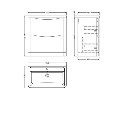 Nuie Lunar 800mm Floor Standing 2 Drawer Vanity & Ceramic Basin Contemporary Satin White Ceramic,MFC Painted Matt 840x800x445mm - JJ Building Materials