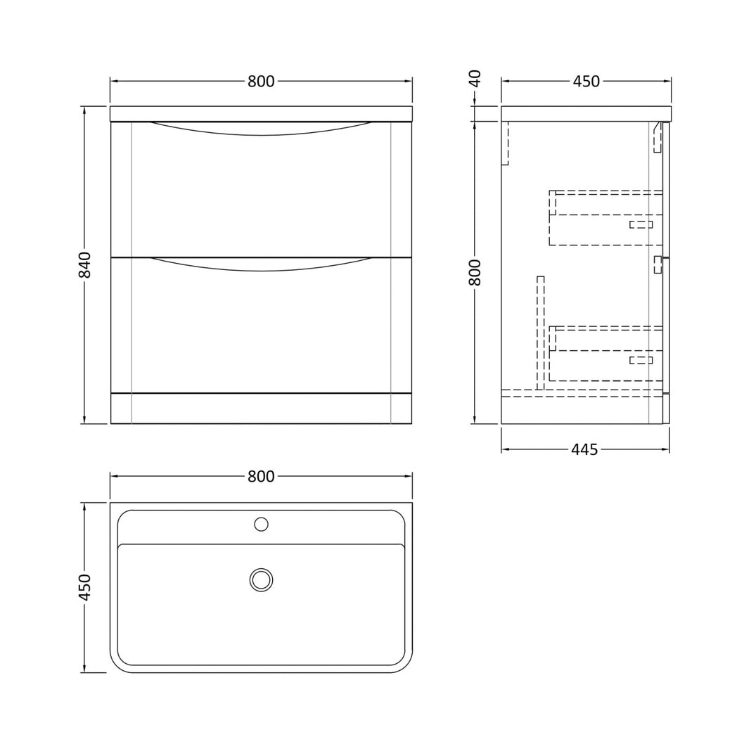 Nuie Lunar 800mm Floor Standing 2 Drawer Vanity & Polymarble Basin Contemporary Satin White MFC Painted Matt,polymarble 840x800x445mm - JJ Building Materials