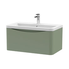 Nuie Lunar 800mm Wall Hung 1 Drawer Vanity & Ceramic Basin Contemporary Satin Green Ceramic,MFC Painted Matt 399x800x445mm - JJ Building Materials