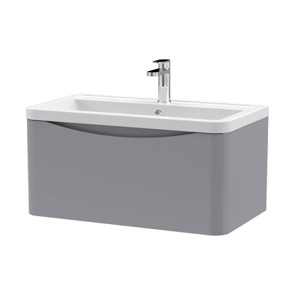 Nuie Lunar 800mm Wall Hung 1 Drawer Vanity & Ceramic Basin Contemporary Satin Grey Ceramic,MFC Painted Matt 399x800x445mm - JJ Building Materials