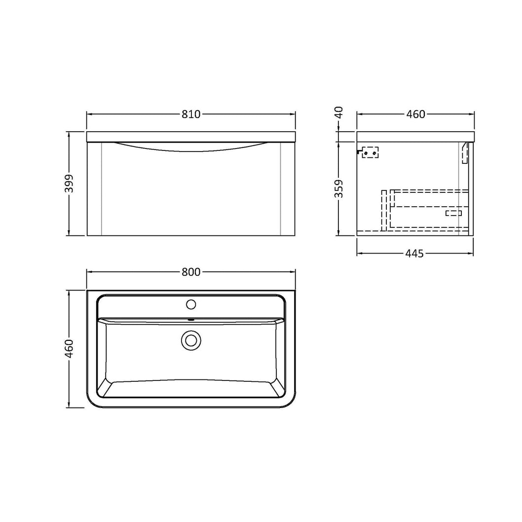 Nuie Lunar 800mm Wall Hung 1 Drawer Vanity & Ceramic Basin Contemporary Satin Grey Ceramic,MFC Painted Matt 399x800x445mm - JJ Building Materials
