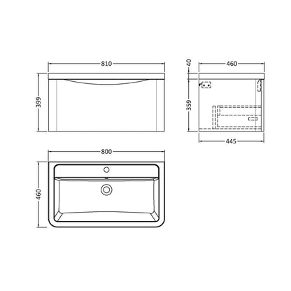 Nuie Lunar 800mm Wall Hung 1 Drawer Vanity & Ceramic Basin Contemporary Satin White Ceramic,MFC Painted Matt 399x800x445mm - JJ Building Materials
