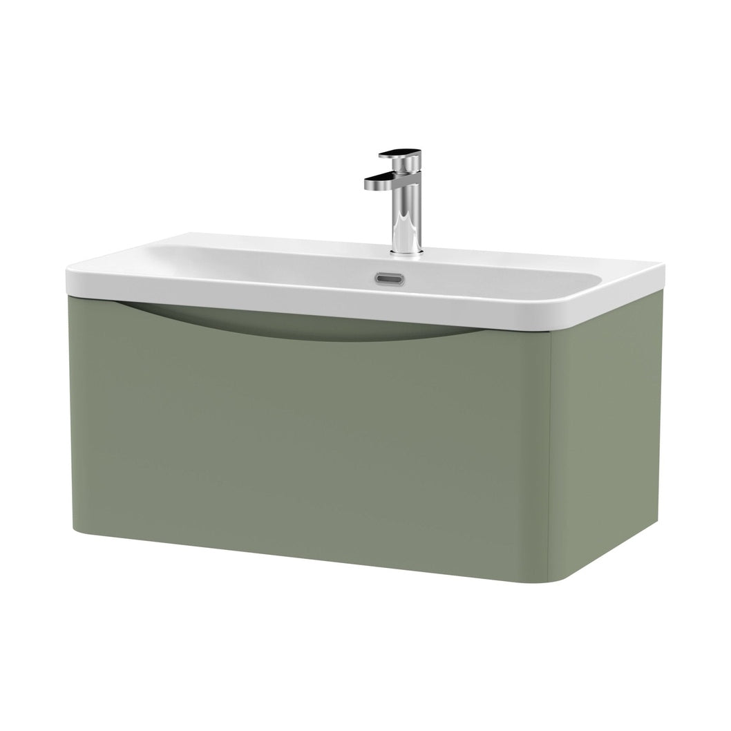Nuie Lunar 800mm Wall Hung 1 Drawer Vanity & Thin Edge Ceramic Basin Contemporary Satin Green Ceramic,MFC Painted Matt - JJ Building Materials