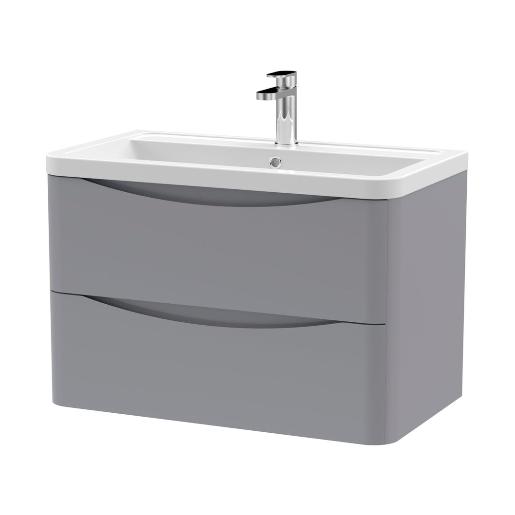 Nuie Lunar 800mm Wall Hung 2 Drawer Vanity & Ceramic Basin Contemporary Satin Grey Ceramic,MFC Painted Matt 540x800x445mm - JJ Building Materials