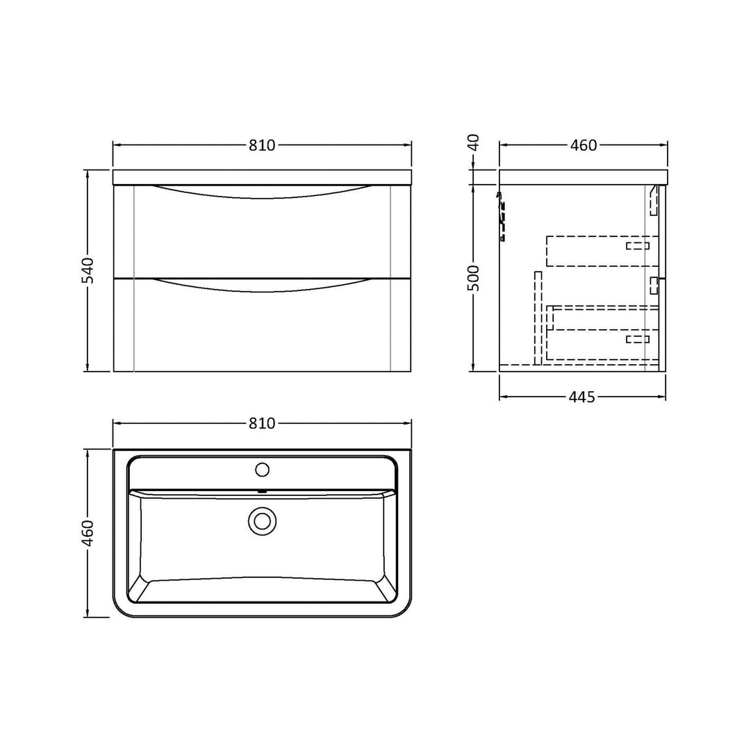 Nuie Lunar 800mm Wall Hung 2 Drawer Vanity & Ceramic Basin Contemporary Satin White Ceramic,MFC Painted Matt 540x800x445mm - JJ Building Materials