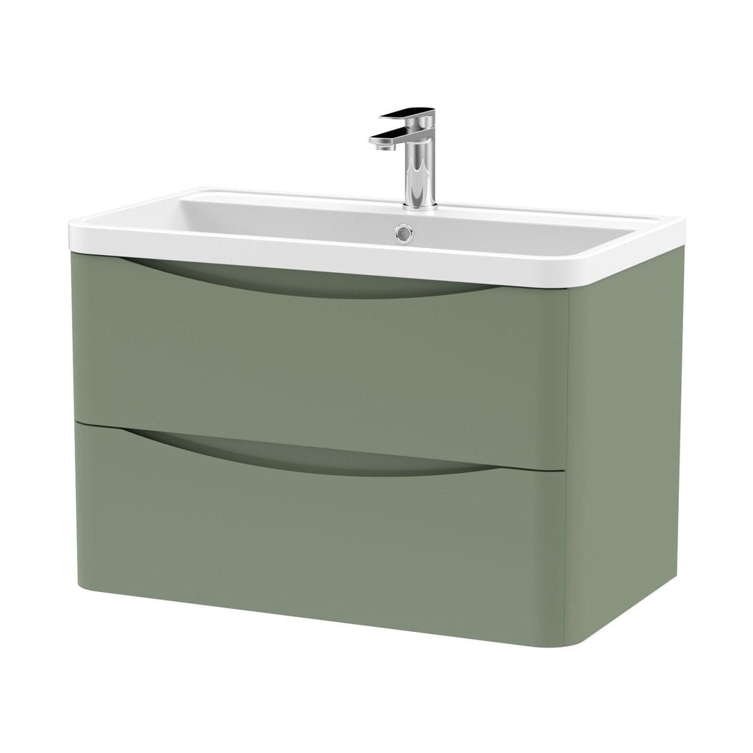 Nuie Lunar 800mm Wall Hung 2 Drawer Vanity & Polymarble Basin Contemporary Satin Green MFC Painted Matt,polymarble 540x800x445mm - JJ Building Materials