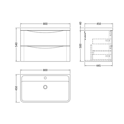Nuie Lunar 800mm Wall Hung 2 Drawer Vanity & Polymarble Basin Contemporary Satin White MFC Painted Matt,polymarble 540x800x445mm - JJ Building Materials