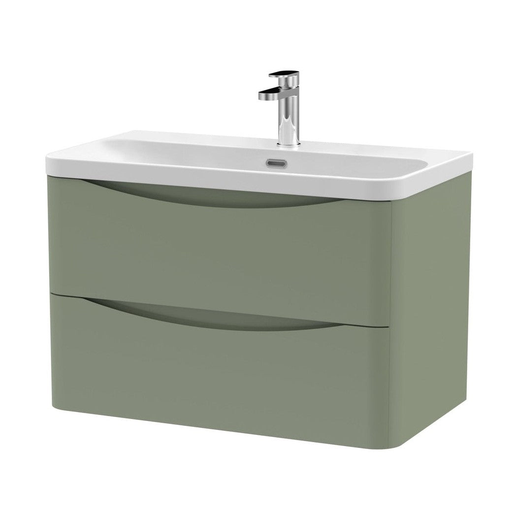 Nuie Lunar 800mm Wall Hung 2 Drawer Vanity & Thin Edge Ceramic Basin Contemporary Satin Green Ceramic,MFC Painted Matt - JJ Building Materials