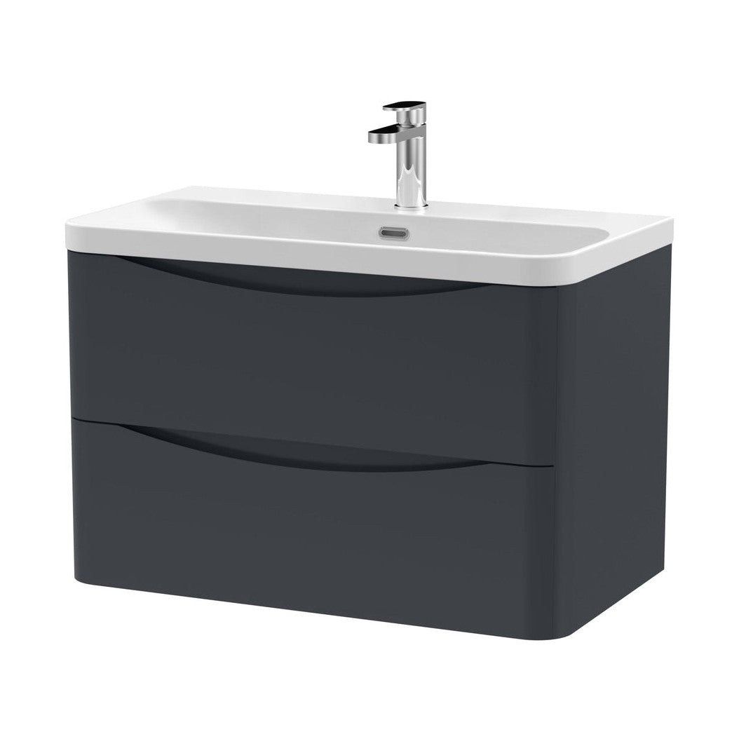 Nuie Lunar 800mm Wall Hung 2 Drawer Vanity & Thin Edge Ceramic Basin Contemporary Soft Black Ceramic,MFC Painted Matt - JJ Building Materials