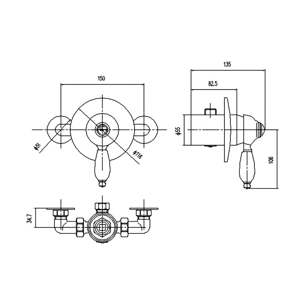 Nuie Manual Shower Valve Traditional Chrome Brass 35x150x135mm - JJ Building Materials