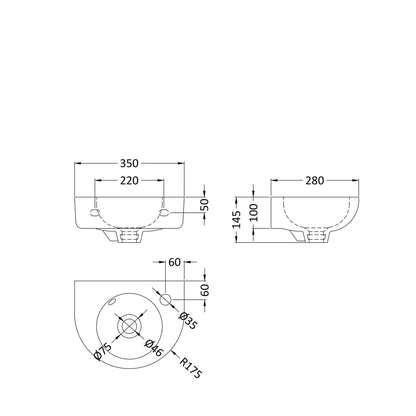 Nuie Melbourne 350mm Wall Hung Basin Contemporary White Vitreous China 145x350x280mm - JJ Building Materials