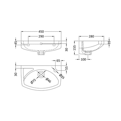 Nuie Melbourne 450mm Wall Hung Basin Contemporary White Vitreous China 155x450x280mm - JJ Building Materials