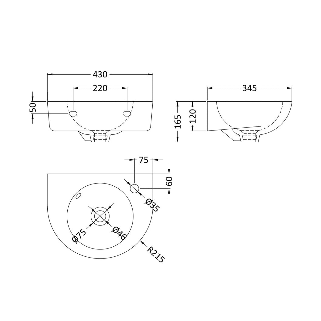 Nuie Melbourne 450mm Wall Hung Basin Contemporary White Vitreous China 165x430x345mm - JJ Building Materials