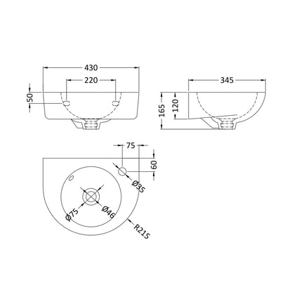 Nuie Melbourne 450mm Wall Hung Basin Contemporary White Vitreous China 165x430x345mm - JJ Building Materials