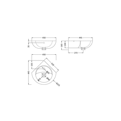 Nuie Melbourne Corner Wall Hung Basin Contemporary White Vitreous China 165x450x445mm - JJ Building Materials