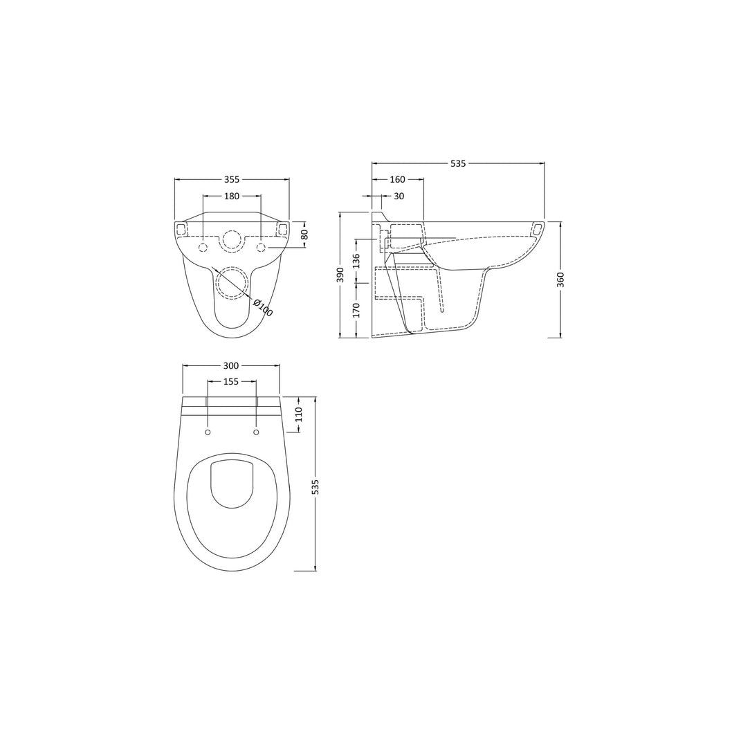 Nuie Melbourne Wall Hung Pan Contemporary White Vitreous China 360x355x515mm - JJ Building Materials