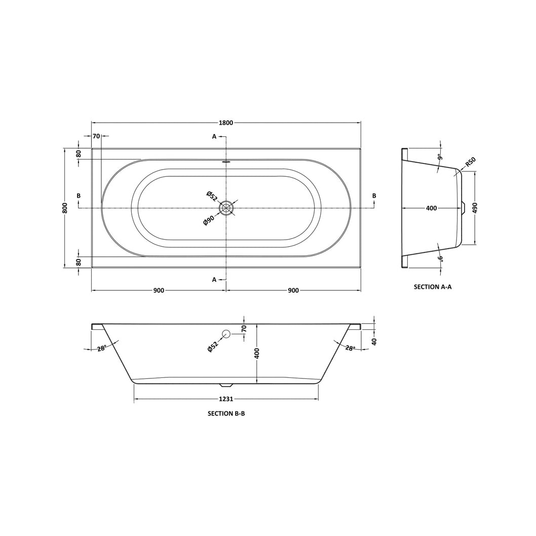 Nuie Otley Round Double Ended Bath 1800 X 800mm Contemporary White Acrylic - JJ Building Materials