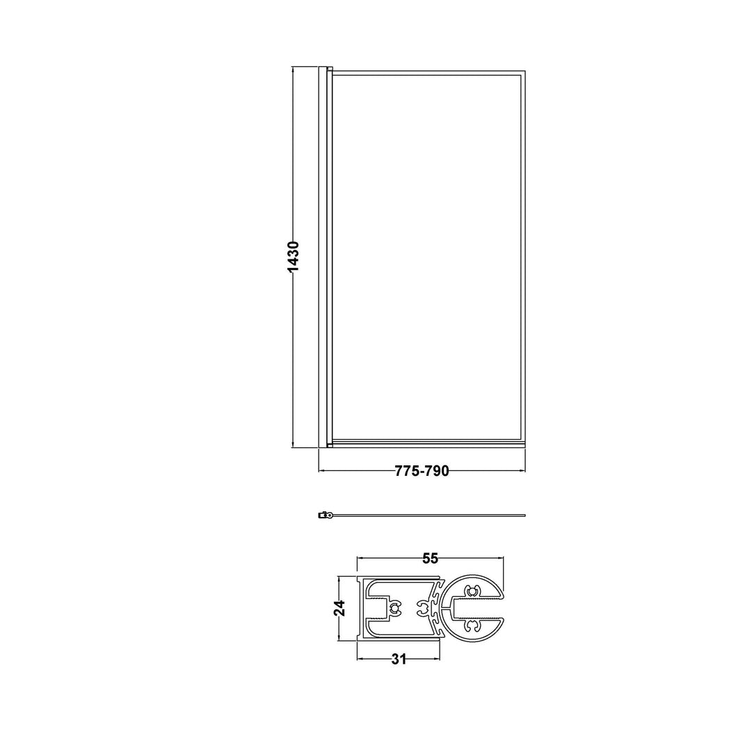 Nuie Outer Framed Bath Screen Contemporary Matt Black Aluminium 1430x790x24mm - JJ Building Materials